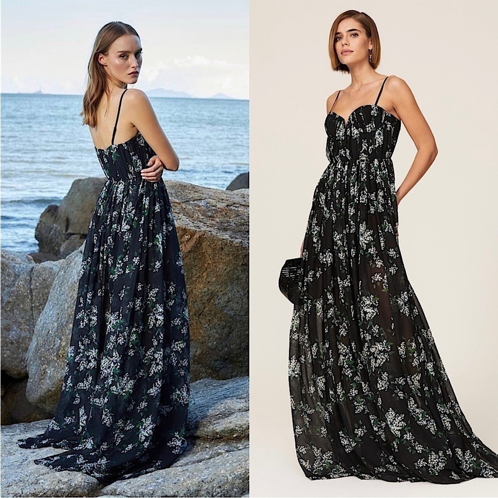 SAU LEE Floral Pleated Chiffon Bustier Sleeveless
Fit & Flare Flowy Maxi Gown 6
